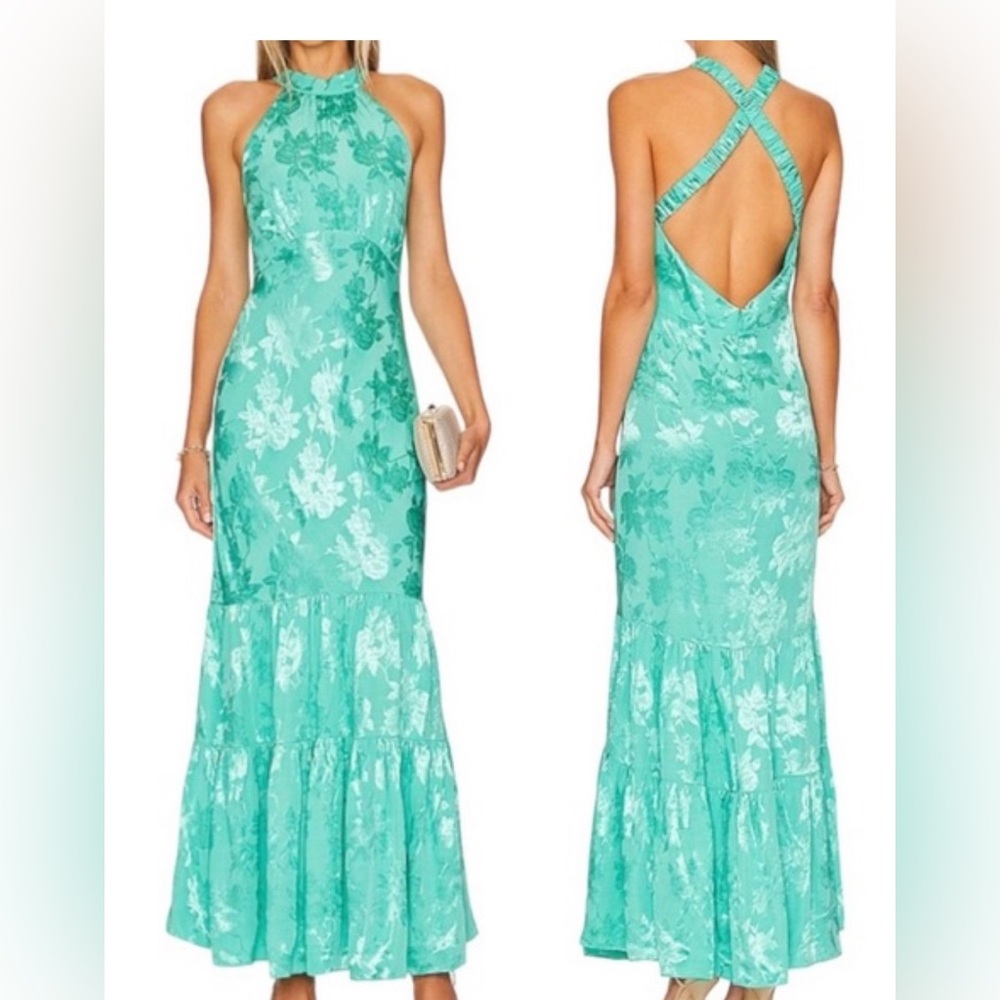 Saylor Everleigh Dress Sz M Tiered Maxi Halter Floral Satin Jacquard Ruffle NEW